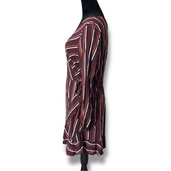Exhilaration Maroon/Cream Striped Cinch Waist V-Neck Long Sleeve Faux Wrap Dress - Picture 6 of 16